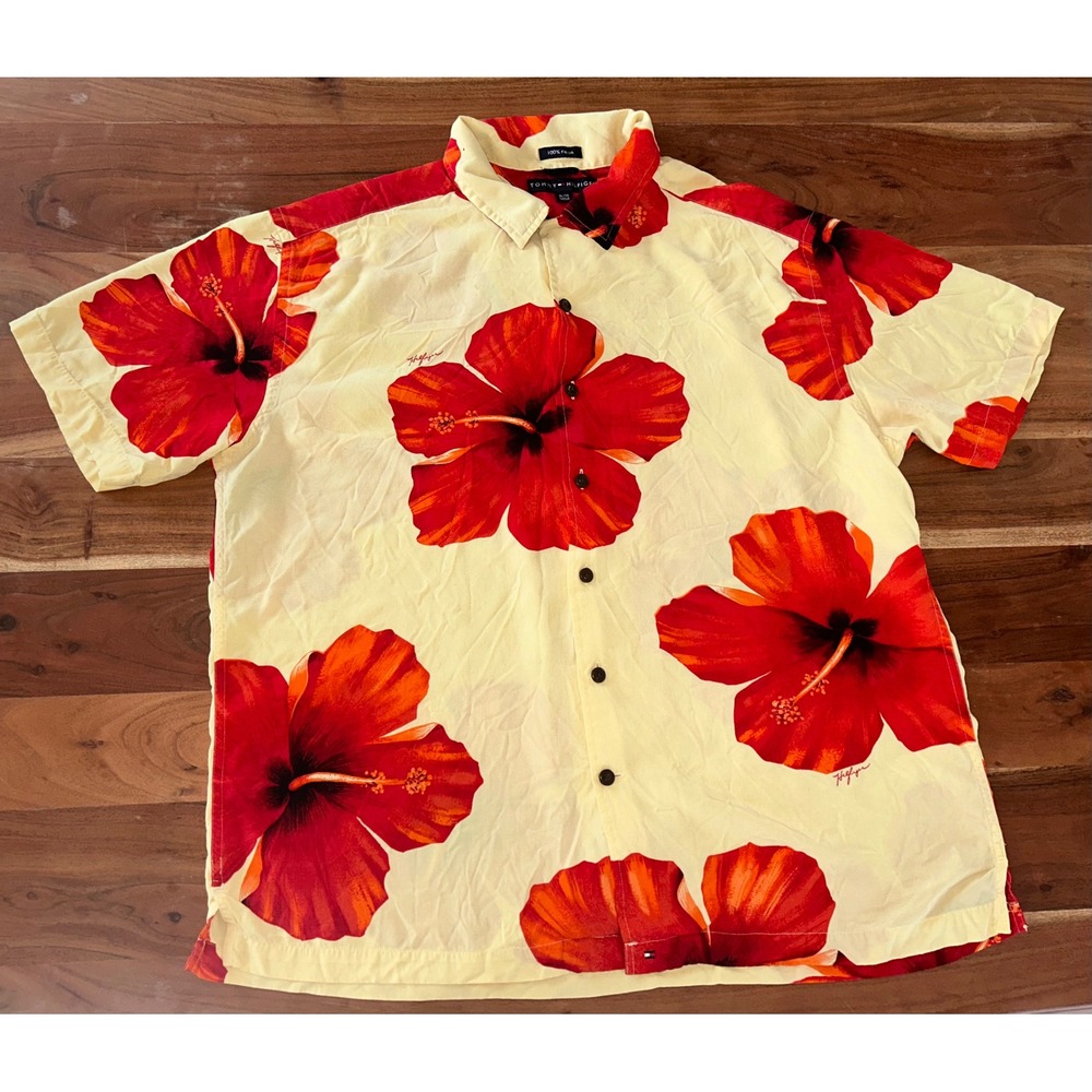 Tommy Hilfiger Mens XL Hibiscus Floral Rayon Hawaiian Shirt Cream Short Sleeve